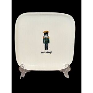 Rae Dunn HAPPY HOLIDAYS Green Nutcracker Christmas Square Plate 8" Heavy